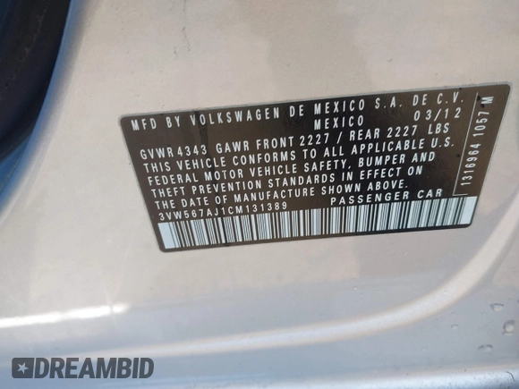2012 Volkswagen Jetta GLI Autobahn с VIN 3VW567AJ1CM131389, выставлен на аукционе IAAI как лот 41698929 с пробегом 114 034 миль миль и . История ставок и продаж доступна на DreamBid. Изображение 9.