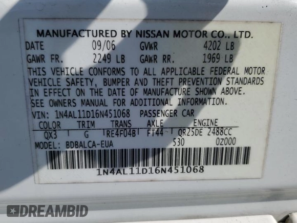 2006 Nissan Altima 2.5 with VIN 1N4AL11D16N451068, listed as a Copart auction lot 51901765 with 0 mi miles and Salvage Title. Bid and sale history available at carsss.com. Image 12.
