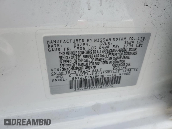 2024 Nissan Versa S with VIN 3N1CN8DVXRL893770, listed as a Copart auction lot 50451415 with 14,113 mi miles and Salvage Title. Bid and sale history available at DreamBid. Image 13.
