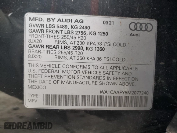 2021 Audi Q5 Prestige with VIN WA1CAAFY5M2077240, listed as a Copart auction lot 77974424 with 53,153 mi miles and Salvage Title. Bid and sale history available at carsss.com. Image 13.