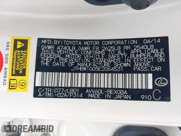 2014 Lexus ES 300h with VIN JTHBW1GG5E2064531, listed as a IAAI auction lot 42119900 with 210,354 mi miles and . Bid and sale history available at DreamBid. Image 9.