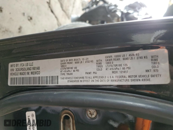 2022 Ram 2500 Lone Star z VIN 3C6UR5DLXNG190148, wystawiony jako Copart lot #50540685 z przebiegiem 37 639 mil mil oraz Szkoda całkowita • Salvage title. Historia ofert i sprzedaży dostępna na DreamBid. Obrazek 12.