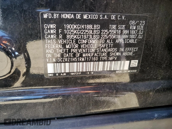 2024 Honda HR-V Sport with VIN 3CZRZ1H51RM717160, listed as a Copart auction lot 52187535 with 73,361 mi miles and Salvage Title. Bid and sale history available at carsss.com. Image 14.