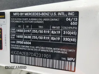 2013 Mercedes-Benz M 350 with VIN 4JGDA2EB7DA231901, listed as a Copart auction lot 51264615 with 118,197 mi miles and Salvage Title. Bid and sale history available at carsss.com. Image 12.