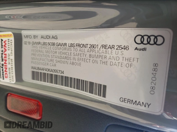 2019 Audi S4 Premium Plus with VIN WAUB4AF40KA055734, listed as a Copart auction lot 53849514 with 70,146 mi miles and Salvage Title. Bid and sale history available at carsss.com. Image 15.