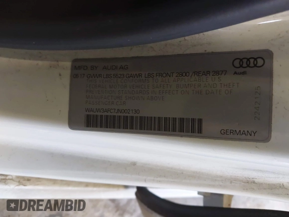 2018 Audi A7 Premium Plus with VIN WAUW3AFC7JN002130, listed as a IAAI auction lot 41645286 with 45,691 mi miles. Bid and sale history available at carsss.com. Image 9.