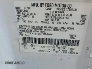 2014 Ford F-150 XL with VIN 1FTFX1EF2EFC92988, listed as a Copart auction lot 44261055 with 235,903 mi miles and Salvage title. Bid and sale history available at DreamBid. Image 12.