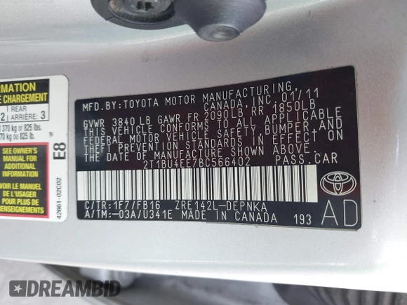 2011 Toyota Corolla L with VIN 2T1BU4EE7BC566402, listed as a IAAI auction lot 41970006 with 244,127 mi miles. Bid and sale history available at carsss.com. Image 9.