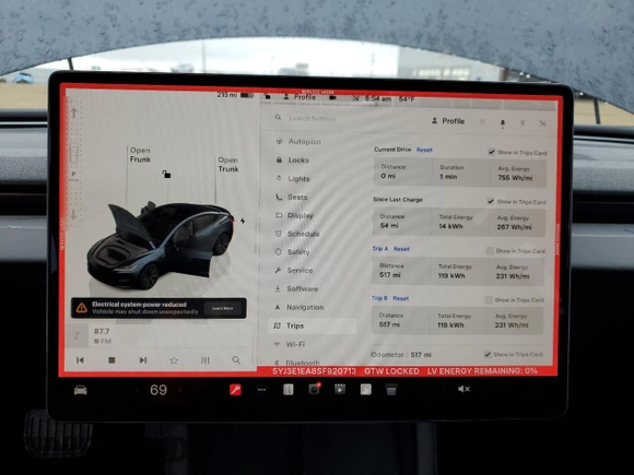 2025 Tesla Model 3 Long Range with VIN 5YJ3E1EA8SF920713, listed as a Copart auction lot 45182445 with 517 mi miles and Salvage title. Bid and sale history available at DreamBid. Image 9.