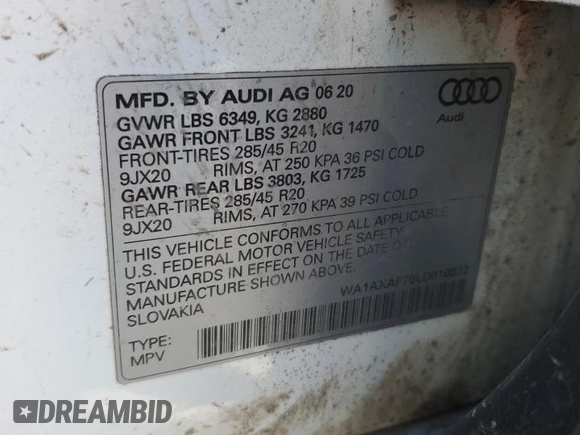 2020 Audi Q7 Premium z VIN WA1AXAF70LD010822, wystawiony jako Copart lot #52180375 z przebiegiem 55 775 mil mil oraz Szkoda całkowita • Salvage title. Historia ofert i sprzedaży dostępna na DreamBid. Obrazek 12.