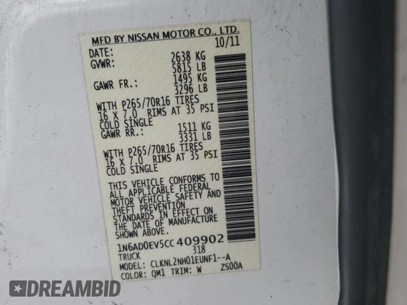 2012 Nissan Frontier Pro-4X с VIN 1N6AD0EV5CC409902, выставлен на аукционе Copart как лот 55239945 с пробегом 124 288 миль миль и Списание • Salvage title. История ставок и продаж доступна на DreamBid. Изображение 12.