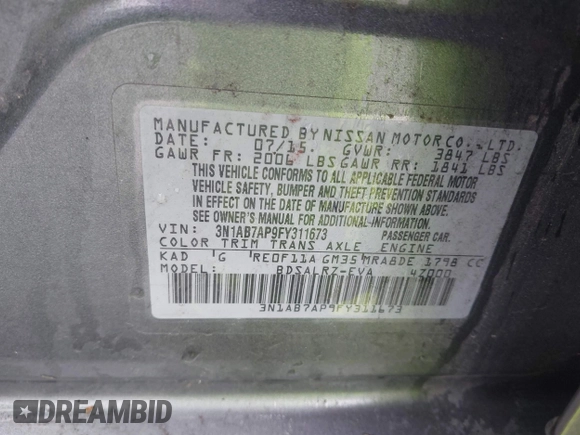 2015 Nissan Sentra SV with VIN 3N1AB7AP9FY311673, listed as a IAAI auction lot 41588267 with 116,956 mi miles and . Bid and sale history available at DreamBid. Image 9.