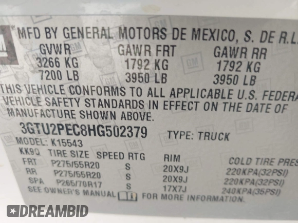 2017 GMC Sierra 1500 Denali z VIN 3GTU2PEC8HG502379, wystawiony jako IAAI lot #42040538 z przebiegiem 108 960 mil mil oraz . Historia ofert i sprzedaży dostępna na DreamBid. Obrazek 9.