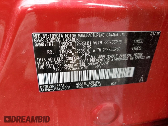 2016 Toyota RAV4 Limited z VIN 2T3DFREV7GW443406, wystawiony jako Copart lot #52947115 z przebiegiem 46 070 mil mil oraz Szkoda całkowita • Salvage title. Historia ofert i sprzedaży dostępna na DreamBid. Obrazek 13.