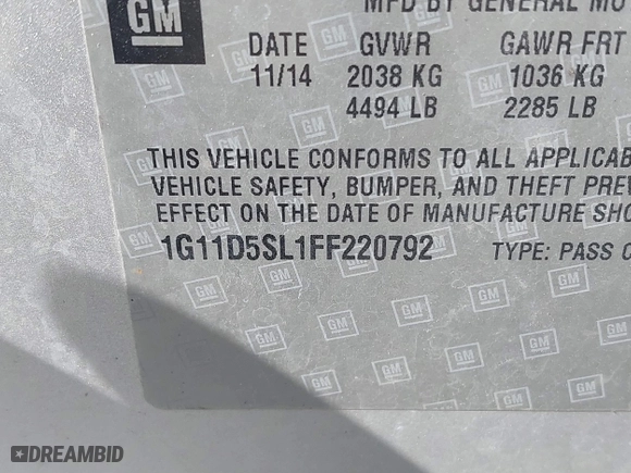 2015 Chevrolet Malibu LT with VIN 1G11D5SL1FF220792, listed as a IAAI auction lot 41776916 with 205,623 mi miles. Bid and sale history available at carsss.com. Image 9.