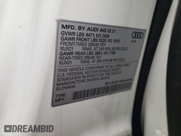 2021 Audi Q8 Premium z VIN WA1AVAF14MD028288, wystawiony jako Copart lot #42691223 z przebiegiem 23 508 mil mil oraz . Historia ofert i sprzedaży dostępna na DreamBid. Obrazek 14.