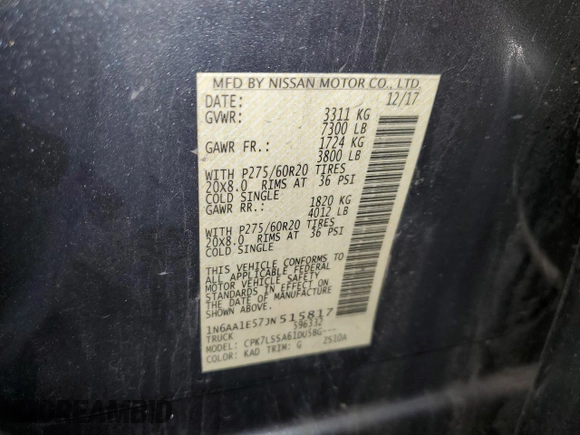 2018 Nissan Titan SV with VIN 1N6AA1E57JN515817, listed as a Copart auction lot 65537205 with 69,567 mi miles and Salvage title. Bid and sale history available at DreamBid. Image 12.