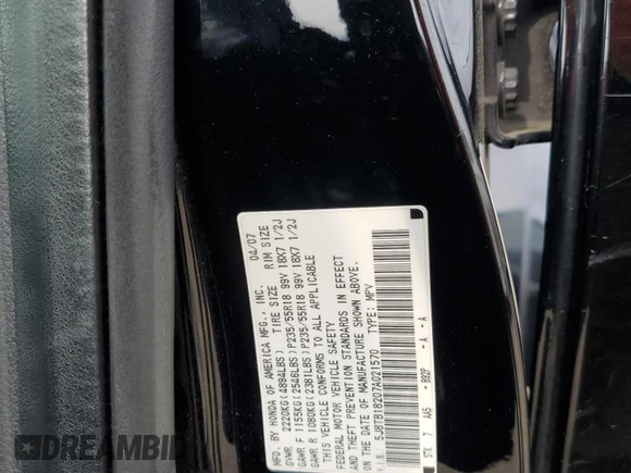 2007 Acura RDX with VIN 5J8TB18207A021570, listed as a Copart auction lot 57716394 with 240,010 mi miles and Salvage Title. Bid and sale history available at carsss.com. Image 12.