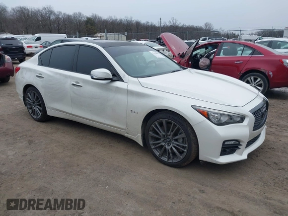 2016 Infiniti Q50 3.0t Red Sport 400 with VIN JN1FV7AR5GM450606, listed as a IAAI auction lot 41614906 with 108,187 mi miles. Bid and sale history available at carsss.com. Image 1.