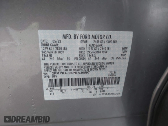 2023 Ford Edge SEL z VIN 2FMPK4J96PBA36597, wystawiony jako IAAI lot #42517947 z przebiegiem 48 307 mil mil oraz . Historia ofert i sprzedaży dostępna na DreamBid. Obrazek 9.