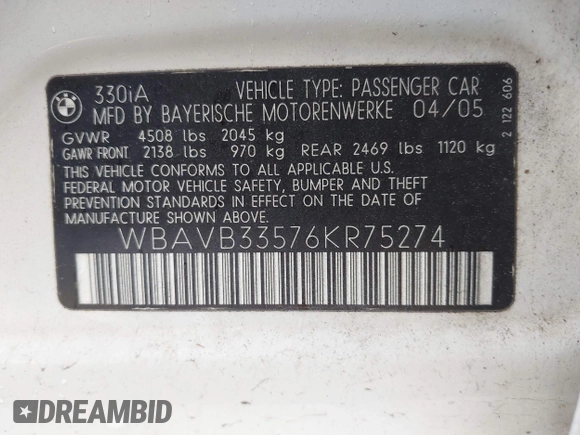 2006 BMW 3 Series 330i with VIN WBAVB33576KR75274, listed as a IAAI auction lot 42199223 with 83,539 mi miles and . Bid and sale history available at carsss.com. Image 9.