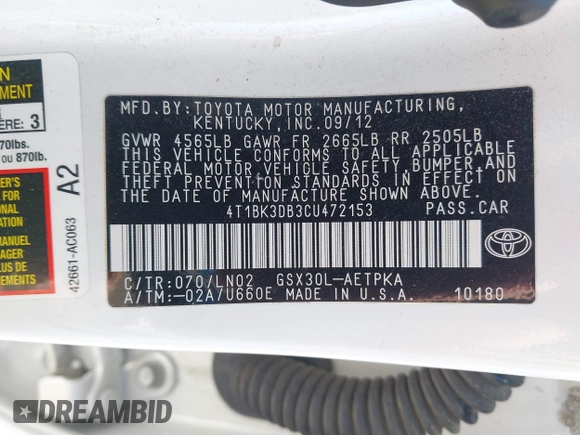 2012 Toyota Avalon with VIN 4T1BK3DB3CU472153, listed as a IAAI auction lot 41888530 with 186,406 mi miles. Bid and sale history available at carsss.com. Image 9.