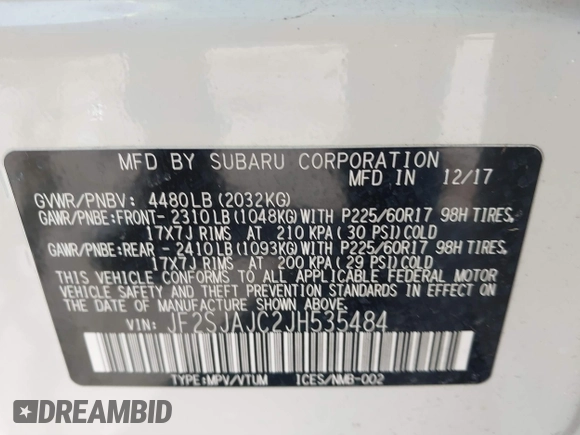 2018 Subaru Forester Limited with VIN JF2SJAJC2JH535484, listed as a IAAI auction lot 41587820 with 91,917 mi miles. Bid and sale history available at carsss.com. Image 9.