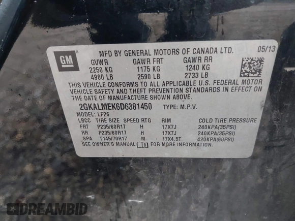 2013 GMC Terrain SLE with VIN 2GKALMEK6D6381450, listed as a IAAI auction lot 40582685 with 191,308 mi miles and . Bid and sale history available at DreamBid. Image 9.