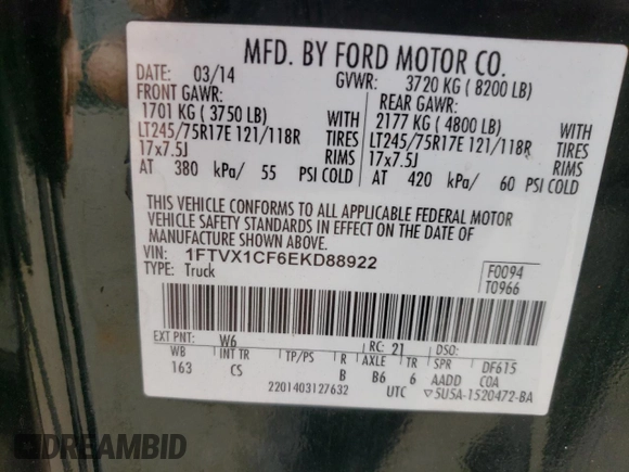 2014 Ford F-150 XL w/HD Payload Pkg with VIN 1FTVX1CF6EKD88922, listed as a Copart auction lot 84969514 with 73,585 mi miles and Clean Title. Bid and sale history available at carsss.com. Image 12.
