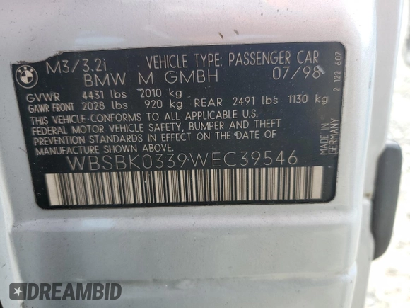 1998 BMW 3 Series M3 with VIN WBSBK0339WEC39546, listed as a Copart auction lot 74293024 with 165,192 mi miles and Salvage Title. Bid and sale history available at carsss.com. Image 13.