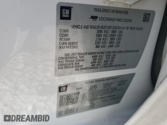 2021 Chevrolet Silverado 1500 Work Truck with VIN 1GCRWAEF4MZ130258, listed as a Copart auction lot 70047554 with 149,661 mi miles and Salvage Title. Bid and sale history available at DreamBid. Image 12.