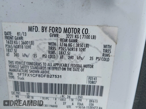 2013 Ford F-150 XL with VIN 1FTFX1CF8DFB27531, listed as a IAAI auction lot 42085935 with 180,287 mi miles and . Bid and sale history available at DreamBid. Image 9.