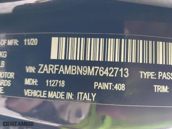 2021 Alfa Romeo Giulia Ti Sport with VIN ZARFAMBN9M7642713, listed as a IAAI auction lot 41585802 with 1 mi miles. Bid and sale history available at carsss.com. Image 9.