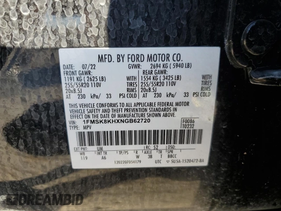 2022 Ford Explorer ST-Line with VIN 1FMSK8KHXNGB62720, listed as a Copart auction lot 82442754 with 61,346 mi miles and Salvage Title. Bid and sale history available at carsss.com. Image 15.