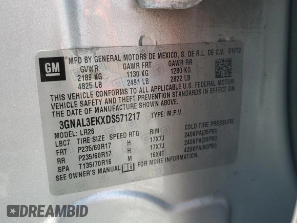2013 Chevrolet Captiva Sport LT z VIN 3GNAL3EKXDS571217, wystawiony jako Copart lot #56963885 z przebiegiem Nie podano mil oraz Szkoda całkowita • Salvage title. Historia ofert i sprzedaży dostępna na DreamBid. Obrazek 13.