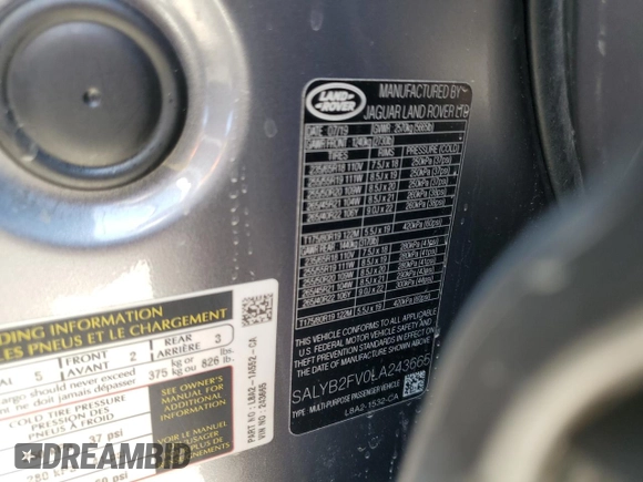 2020 Land Rover Range Rover Velar S with VIN SALYB2FV0LA243665, listed as a Copart auction lot 65432955 with 49,129 mi miles and Salvage title. Bid and sale history available at DreamBid. Image 13.