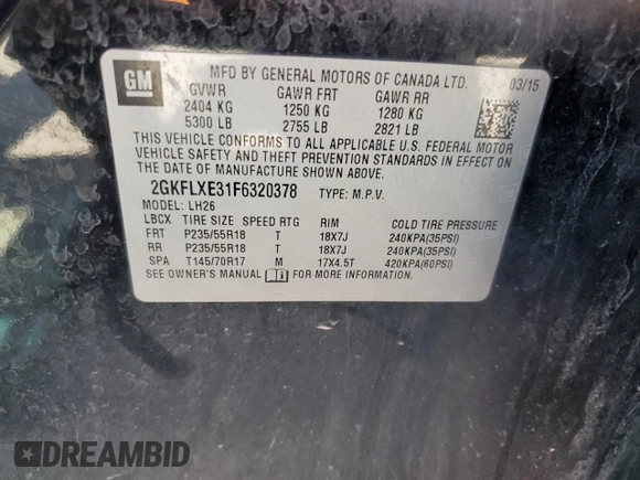 2015 GMC Terrain SLT with VIN 2GKFLXE31F6320378, listed as a Copart auction lot 54144515 with 142,455 mi miles and Salvage Title. Bid and sale history available at carsss.com. Image 13.