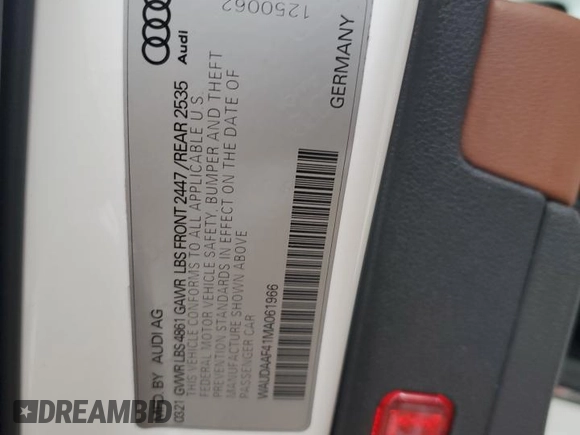 2021 Audi A4 S line Premium with VIN WAUDAAF41MA061966, listed as a Copart auction lot 48453555 with 37,794 mi miles and Salvage Title. Bid and sale history available at DreamBid. Image 12.