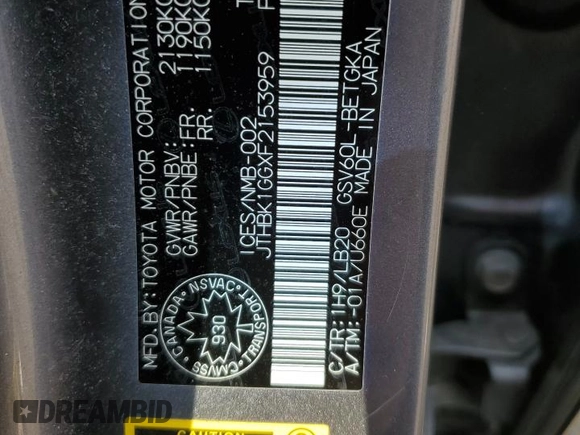 2015 Lexus ES 330 с VIN JTHBK1GGXF2153959, выставлен на аукционе Copart как лот 57690775 с пробегом 63 847 миль миль и Чистый • Clean title. История ставок и продаж доступна на DreamBid. Изображение 12.