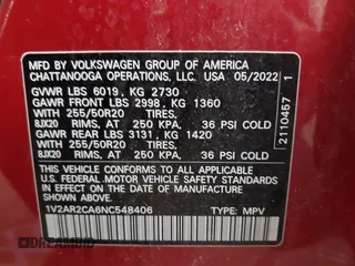 2022 Volkswagen Atlas 3.6L V6 SEL R-Line with VIN 1V2AR2CA6NC548406, listed as a IAAI auction lot 41599286 with 46,685 mi miles. Bid and sale history available at carsss.com. Image 9.