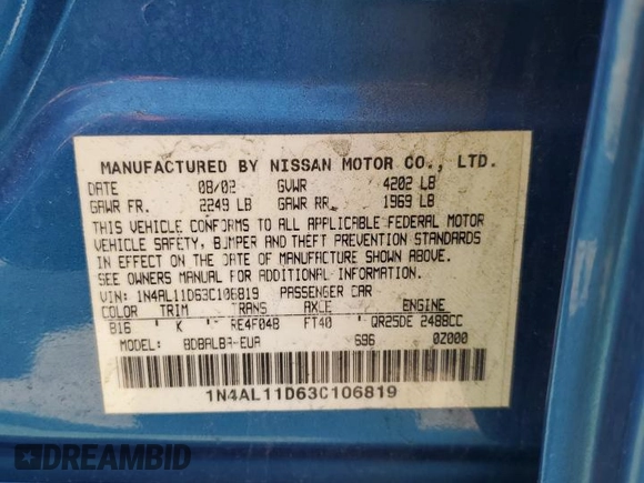 2003 Nissan Altima S with VIN 1N4AL11D63C106819, listed as a Copart auction lot 53883435 with 121,364 mi miles and Clean Title. Bid and sale history available at carsss.com. Image 12.