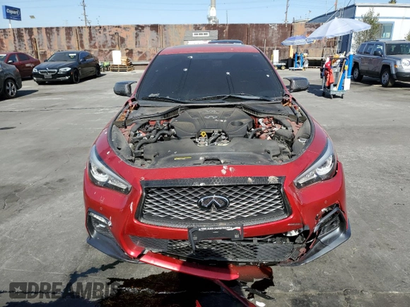 2020 Infiniti Q50 Red Sport 400 with VIN JN1FV7AP3LM630210, listed as a Copart auction lot 41796535 with 54,587 mi miles and Salvage title. Bid and sale history available at DreamBid. Image 5.