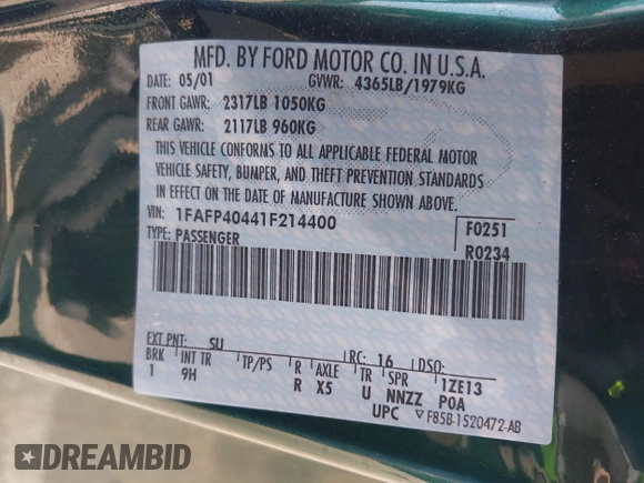2001 Ford Mustang Standard с VIN 1FAFP40441F214400, выставлен на аукционе IAAI как лот 41947416 с пробегом 103 170 миль миль и . История ставок и продаж доступна на DreamBid. Изображение 9.