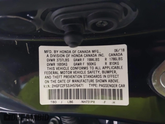2018 Honda Civic LX with VIN 2HGFC2F53JH576471, listed as a IAAI auction lot 40772987 with 43,643 mi miles. Bid and sale history available at carsss.com. Image 9.