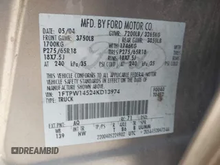 2004 Ford F-150 XLT with VIN 1FTPW14524KD13974, listed as a IAAI auction lot 42054083 with 282,090 mi miles and . Bid and sale history available at DreamBid. Image 9.