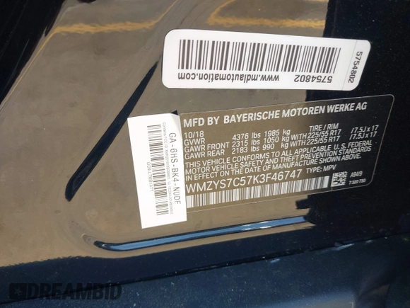 2019 MINI Countryman Cooper with VIN WMZYS7C57K3F46747, listed as a IAAI auction lot 42161049 with 55,333 mi miles and . Bid and sale history available at DreamBid. Image 9.