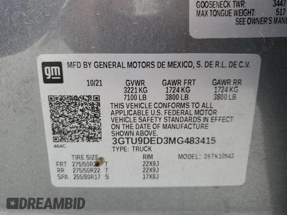 2021 GMC Sierra 1500 SLT z VIN 3GTU9DED3MG483415, wystawiony jako Copart lot #52741395 z przebiegiem 51 537 mil mil oraz Szkody całkowita. Historia ofert i sprzedaży dostępna na DreamBid. Obrazek 13.