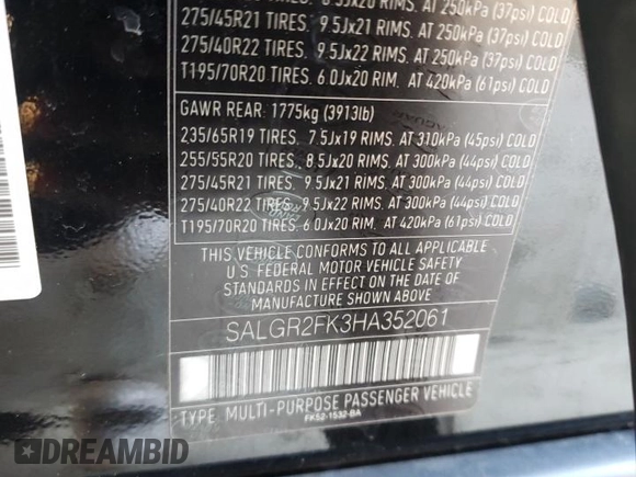 2017 Land Rover Range Rover z VIN SALGR2FK3HA352061, wystawiony jako Copart lot #89374395 z przebiegiem 58 085 mil mil oraz Szkoda całkowita • Salvage title. Historia ofert i sprzedaży dostępna na DreamBid. Obrazek 14.