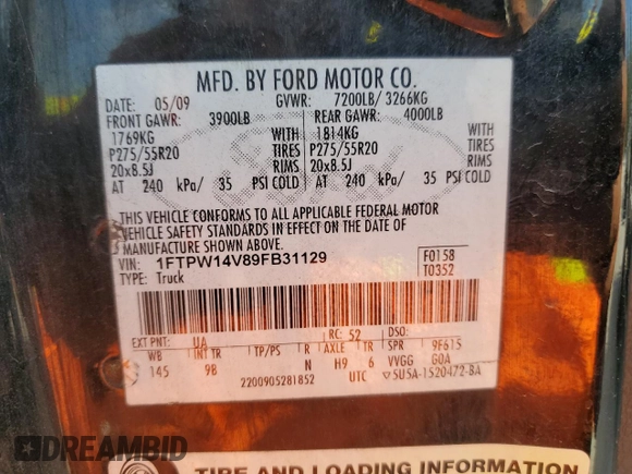2009 Ford F-150 XL with VIN 1FTPW14V89FB31129, listed as a Copart auction lot 51804665 with 227,851 mi miles and Clean title. Bid and sale history available at DreamBid. Image 12.