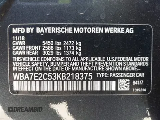 2019 BMW 7 Series 740i with VIN WBA7E2C53KB218375, listed as a IAAI auction lot 42008827 with 61,337 mi miles and . Bid and sale history available at DreamBid. Image 9.